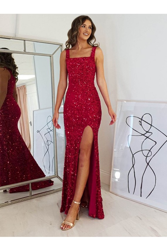 Square Neck Velvet Sequin Burgundy Long Prom Dress Canada Shop