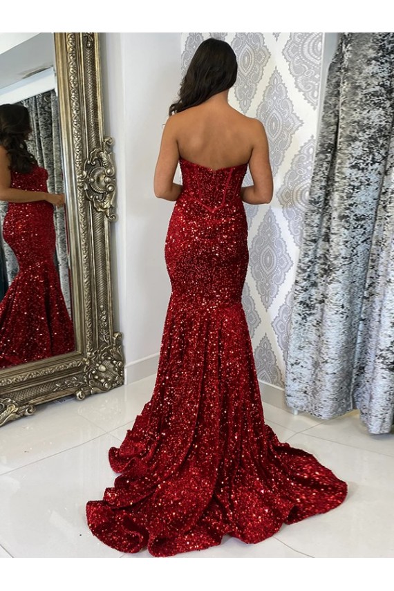 Sweetheart Velvet Sequin Burgundy Court Train Prom Dress Canada Shop