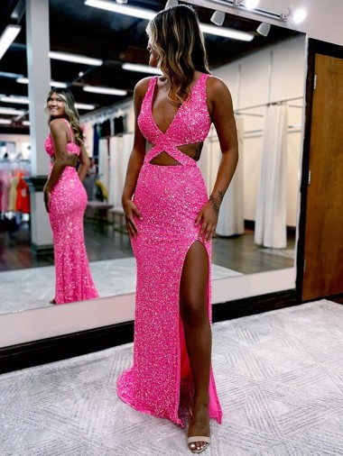 V-Neck Velvet Sequin Long Sweep Train Prom Party Dress Canada Shop