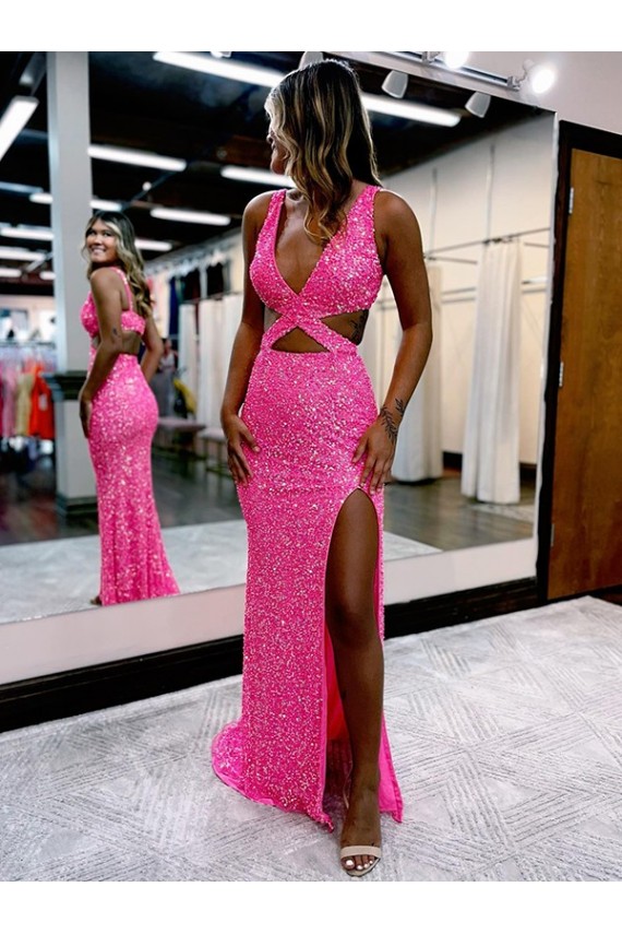 V-Neck Velvet Sequin Long Sweep Train Prom Party Dress Canada Shop