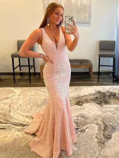 V-Neck Velvet Sequin Sweep Train Prom Dress Canada Shop