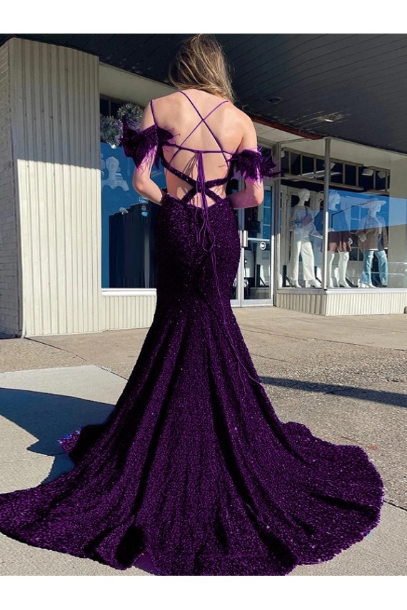 Spaghetti Straps Velvet Sequin Plum Purple Court Train Prom Dress Canada Shop