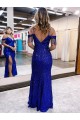 Spaghetti Straps Velvet Sequin Royal Blue Long Prom Dress Canada Shop