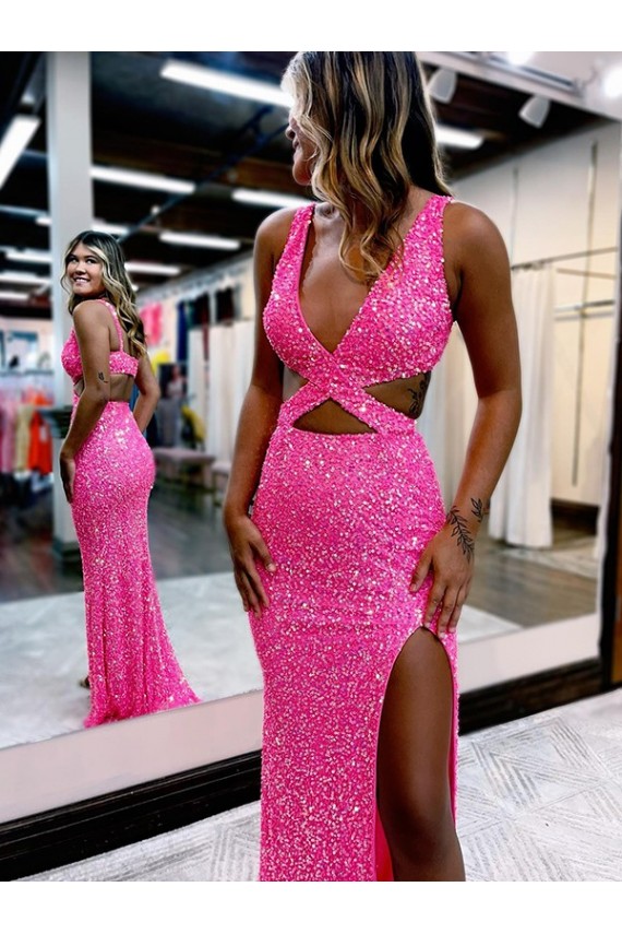 V-Neck Velvet Sequin Long Sweep Train Prom Party Dress Canada Shop