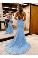 V-Neck Velvet Sequin Periwinkle Sweep Train Prom Dress Canada Shop