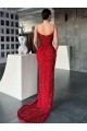 V-Neck Velvet Sequin Red Sweep Train Prom Dress Canada Shop