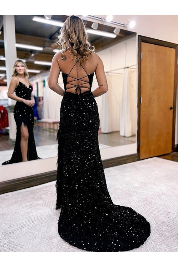 V-Neck Velvet Sequin Royal Blue Sweep Train Sexy Prom Dress Canada Shop