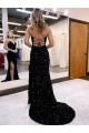 V-Neck Velvet Sequin Royal Blue Sweep Train Sexy Prom Dress Canada Shop