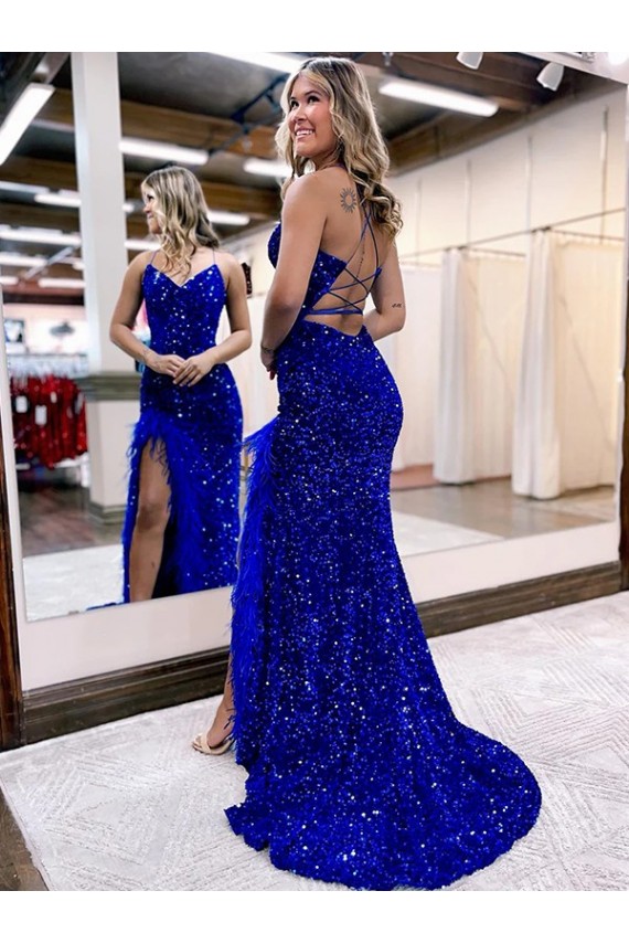 V-Neck Velvet Sequin Royal Blue Sweep Train Sexy Prom Dress Canada Shop