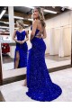 V-Neck Velvet Sequin Royal Blue Sweep Train Sexy Prom Dress Canada Shop