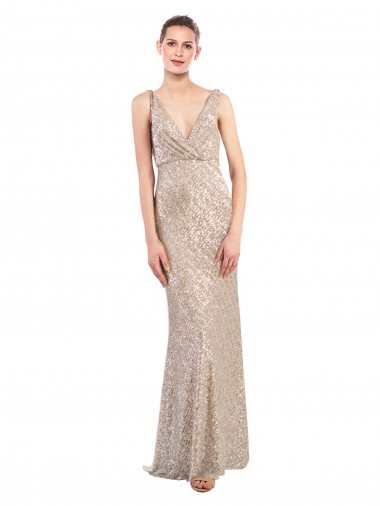 V-Back V-Neck Sequin & Sparkling Sequin Silver Long Prom Dress Canada Shop
