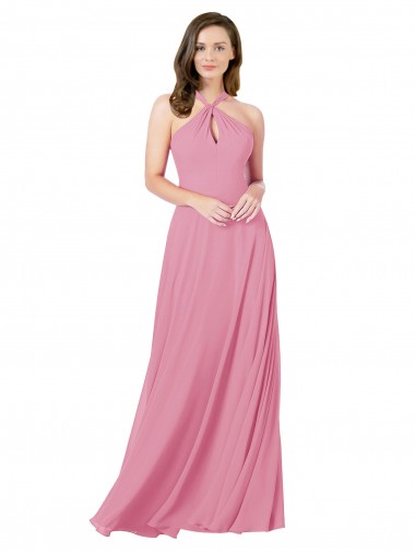 Keyhole Back Halter Neck Soft Chiffon Skin Pink Long Prom Dress Canada Shop