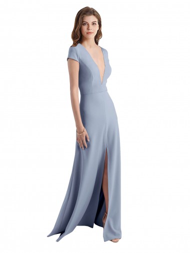 V-Neck Stretch Crepe Smoke Blue Long Prom Dress Canada Shop