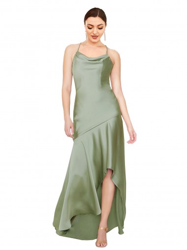 Open Back Cowl Neck Silky Satin Smoke Green Long Prom Dress Canada Shop