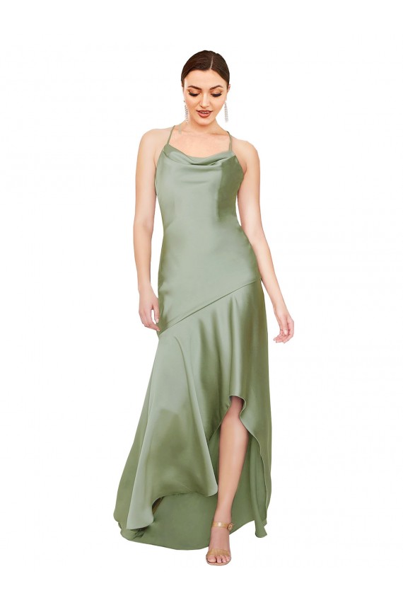 Open Back Cowl Neck Silky Satin Smoke Green Long Prom Dress Canada Shop