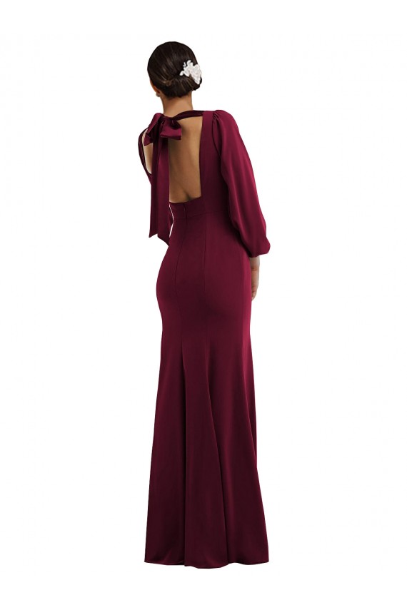 Open Back Bateau Neck Stretch Crepe Burgundy Gold Long Sleeves Long Prom Dress Canada Shop
