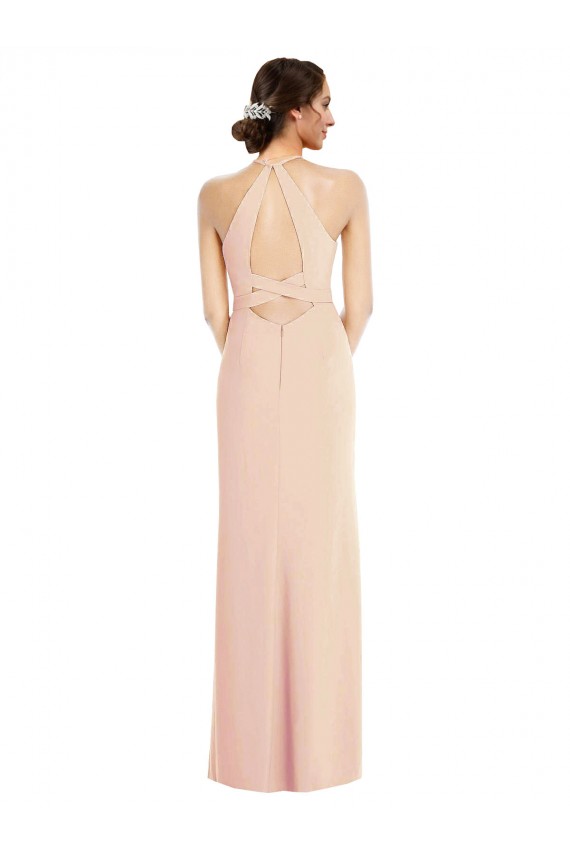 Open Back Halter Neck Stretch Crepe Nude Long Prom Dress Canada Shop