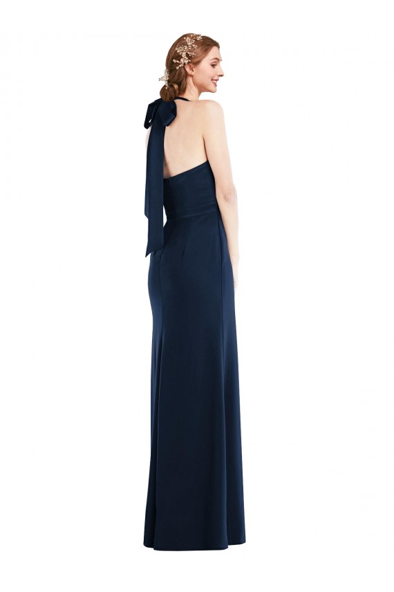 Open Back High Neck Stretch Crepe Dark Navy Long Formal Bridesmaid Gown Canada Shop