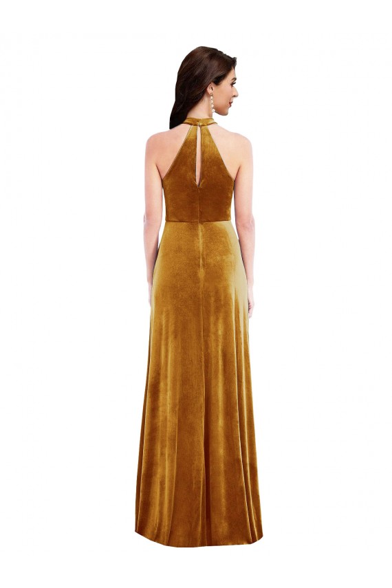 Keyhole Back Halter Neck Stretch Velvet Gold Long Prom Dress Canada Shop