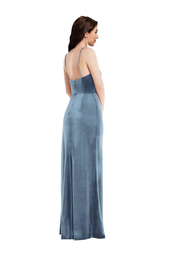 Low Back Spaghetti Straps Stretch Velvet Dusty Blue Long Prom Dress Canada Shop
