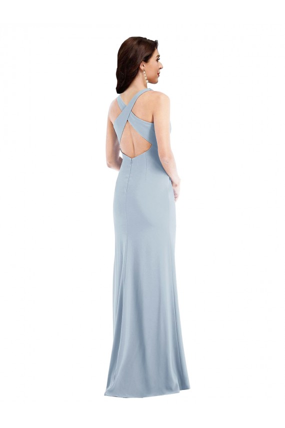 Open Back V-Neck Stretch Crepe Light Sky Blue Long Prom Dress Canada Shop