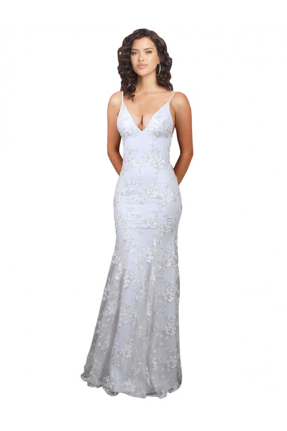 Open Back V-Neck Stretch Crepe & Sequin Tulle White Long Prom Dress Canada Shop